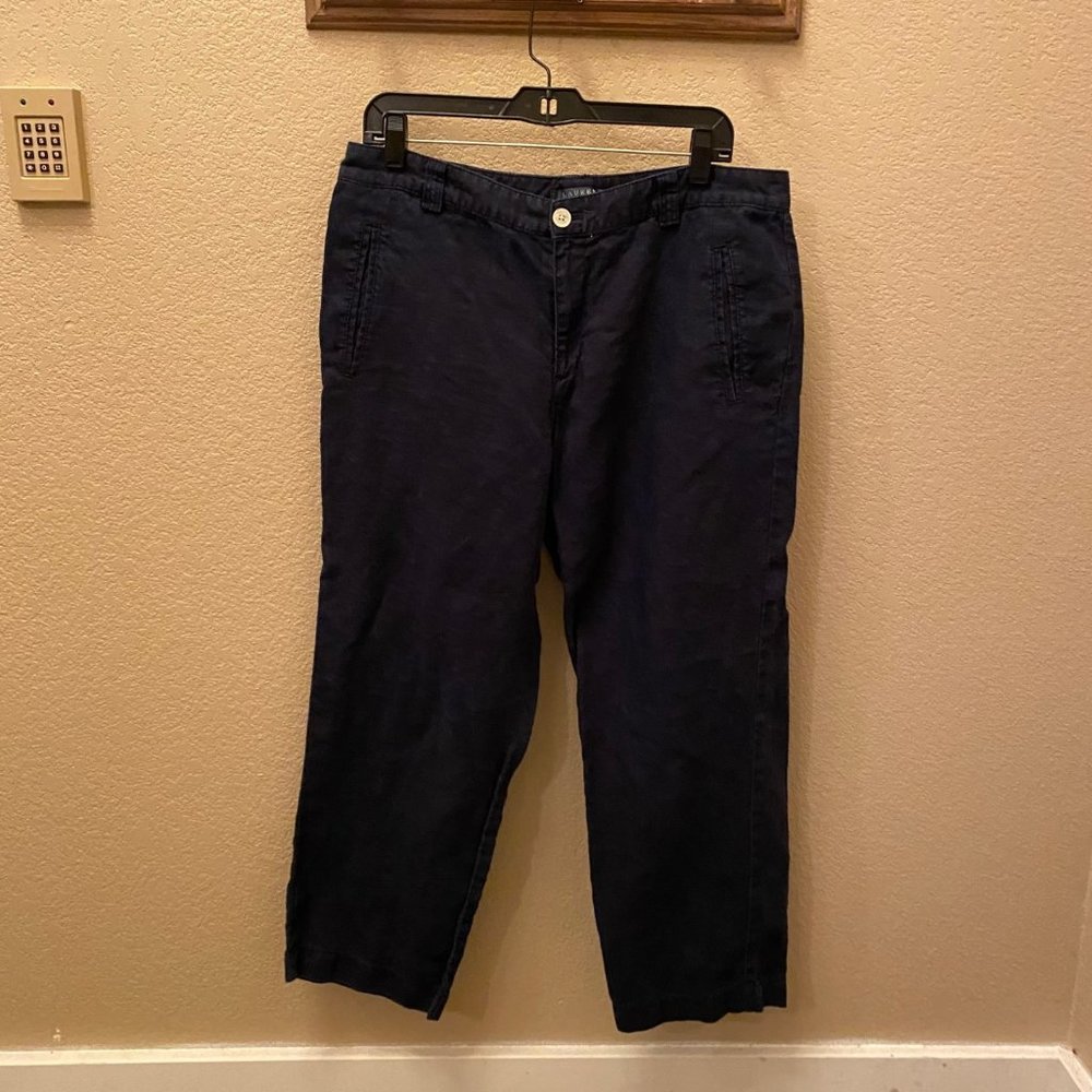 Ralph Lauren, Navy Blue 100% Linen Capri's, Women's size 14